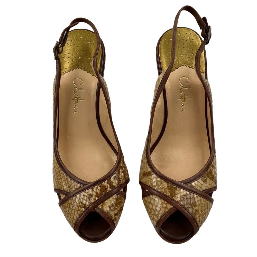COLE HAAN Textured Snakeskin Slingback Peep Toe Wedge Sandals - Picture 9 of 9